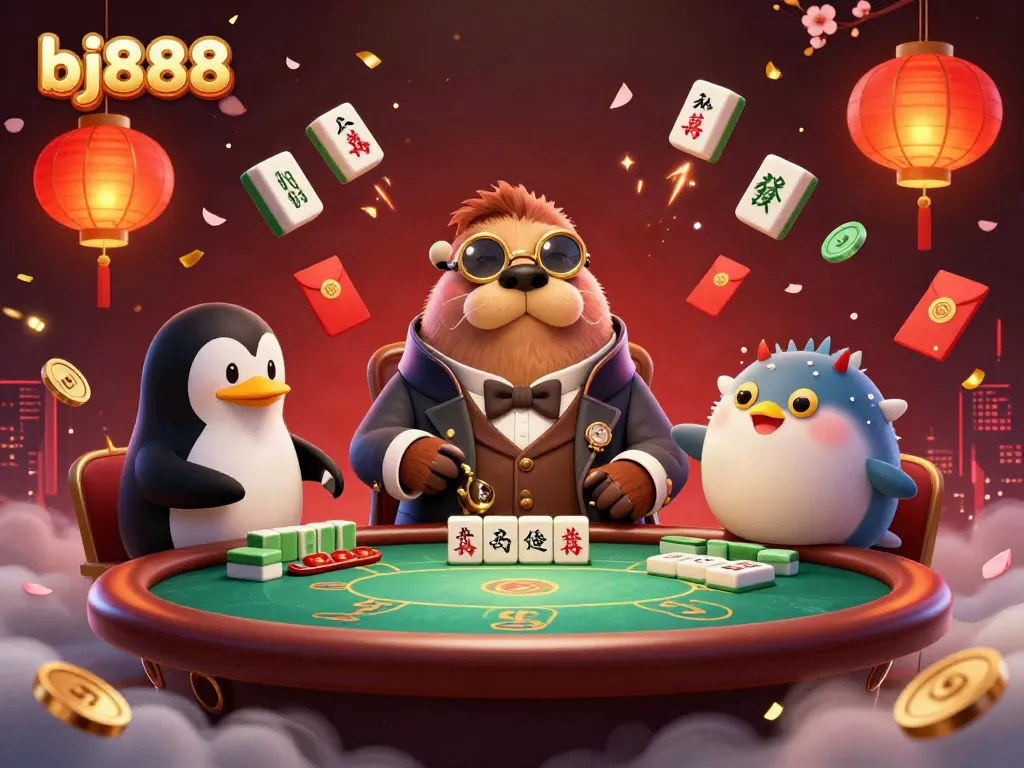 Experience thrilling moments with bj888 at the underwater poker table featuring a jolly walrus, dealer penguin, and clever pufferfish.