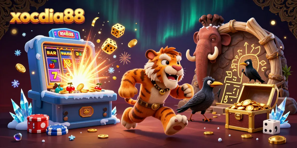 xocdia88 showcases an exciting prehistoric casino scene with caveman characters, vibrant slot machine action, and golden treasure.
