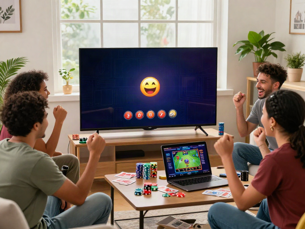 Friends enjoying สล็อตเว็บตรง gaming in a cozy room with bright daylight.