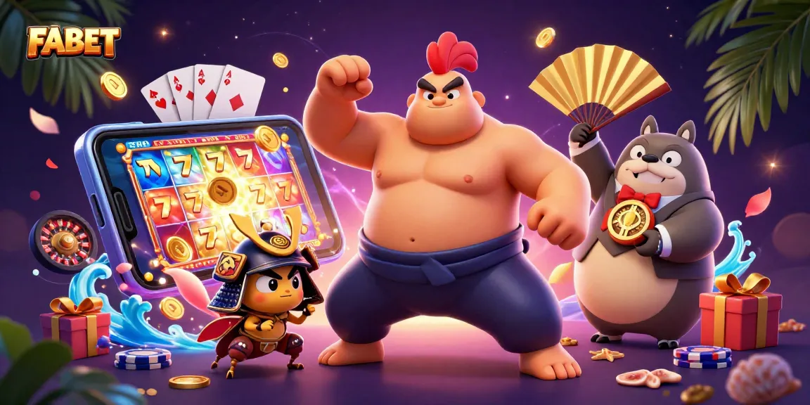 Engage in exciting slots with FABET featuring a powerful sumo rooster, samurai cricket, and lively casino elements.