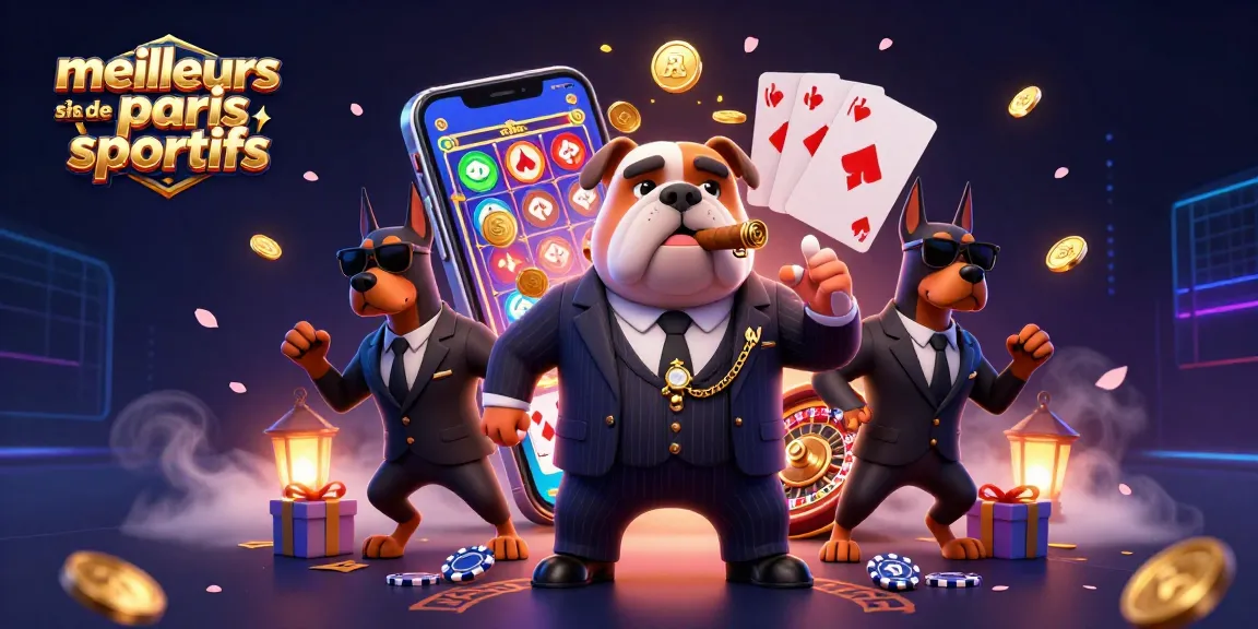 Découvrez les meilleurs sites de paris sportifs avec un bulldog mafieux entouré de jeux de casino vibrants.