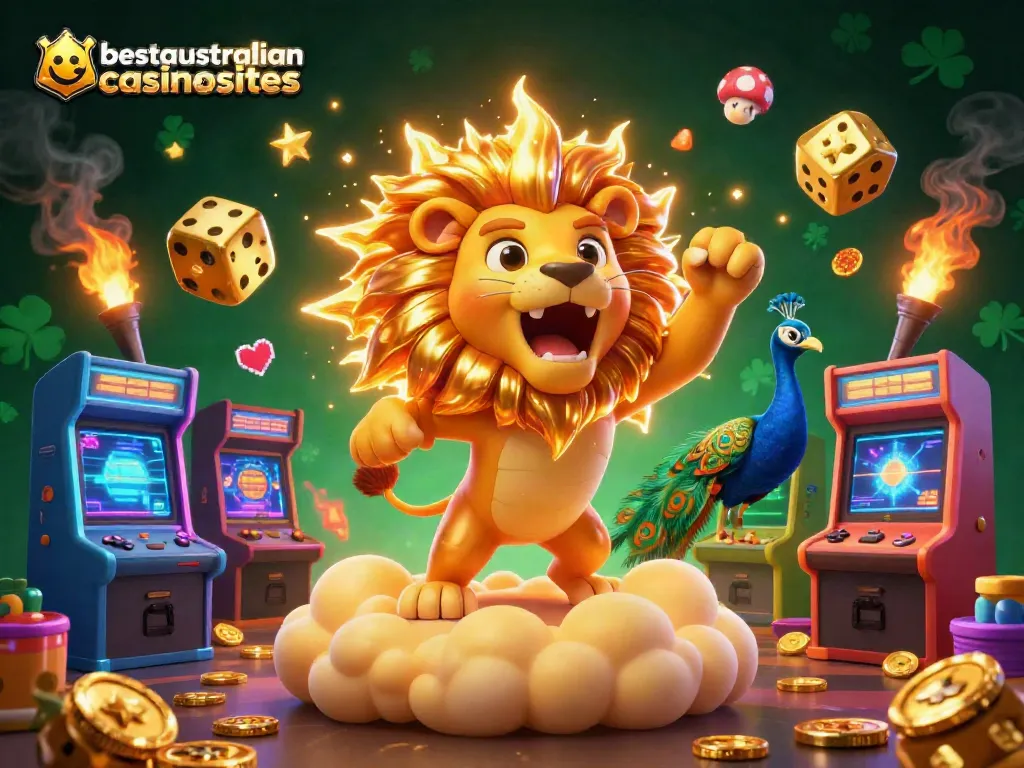 Experience the vibrant scene of online gaming at bestaustraliancasinosites, featuring iconic gaming elements.