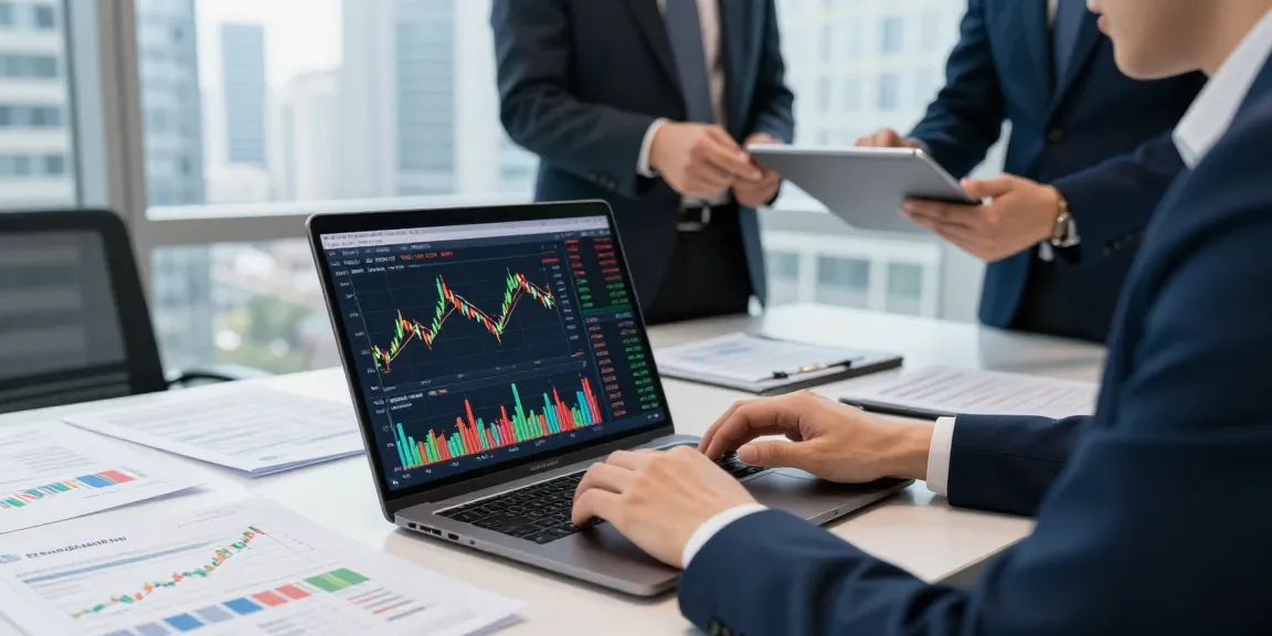 Nikkei 225 index API displayed on a laptop in a modern office with professionals analyzing stock market data.