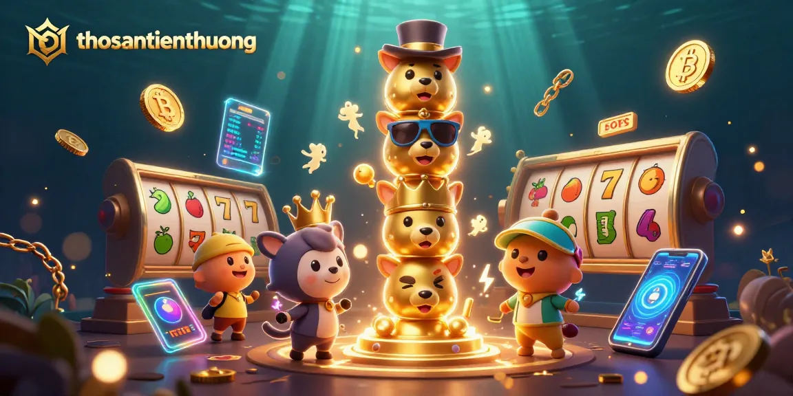 Engage in thrilling gameplay with thosantienthuong as vibrant slot symbols and crypto elements fill the scene.