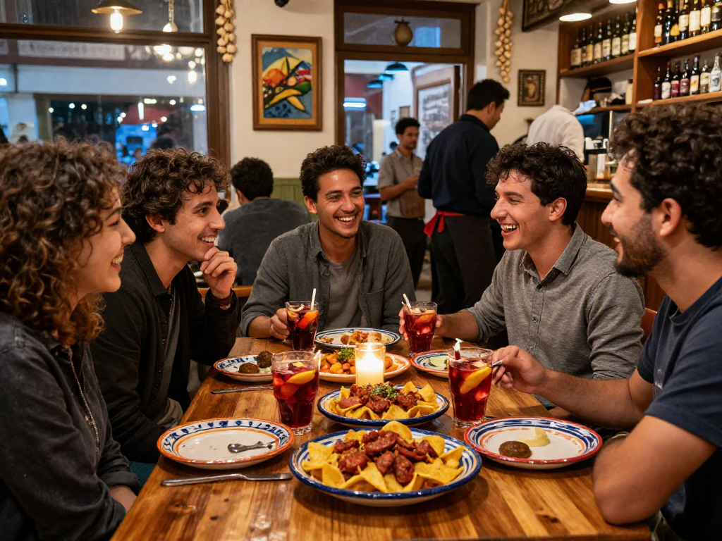 Best tapas tortilla chips con chorizo near me served in a lively Spanish tapas bar.