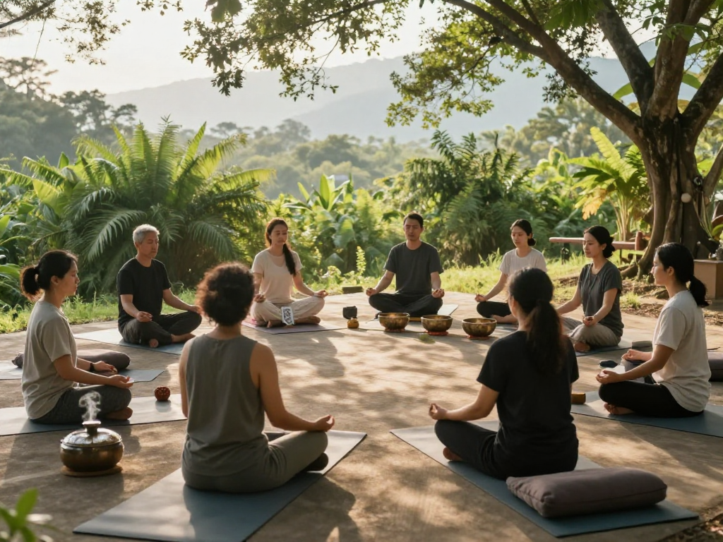 Diverse group practicing mindfulness and meditation with mantra88 affirmation cards at a serene retreat.