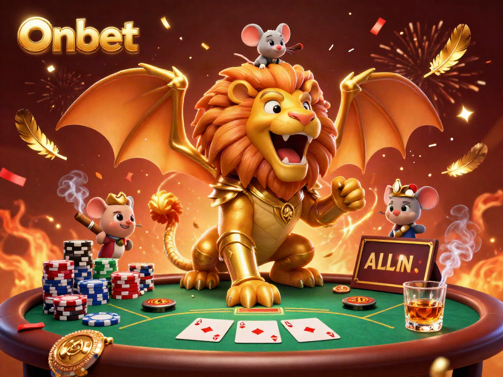 Onbet's dynamic casino scene showcasing a triumphant chimera and poker elements for gamblers.