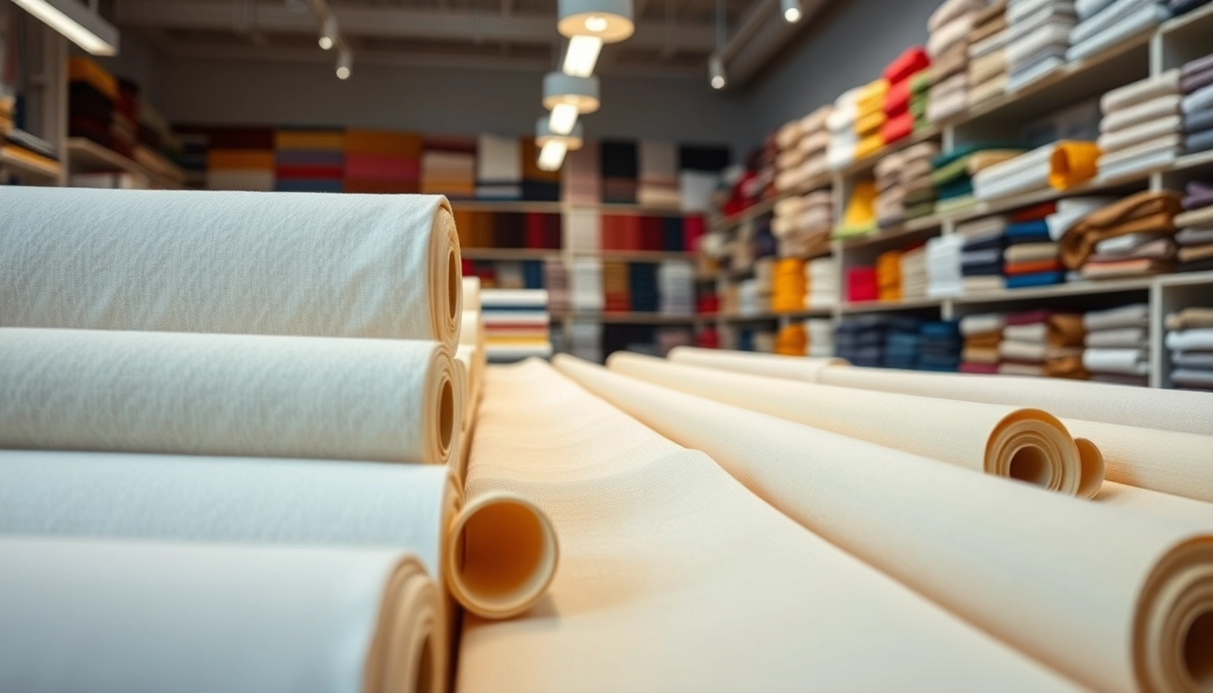 Bekijk neteldoek per meter in een sfeervolle stoffenwinkel, benadruk de kwaliteit en textuur.