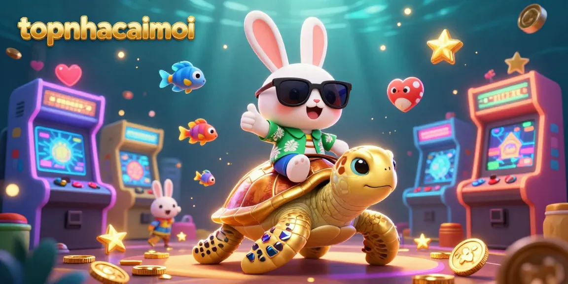 topnhacaimoi celebrates winning with a lucky rabbit and golden sea turtle in a vibrant underwater casino scene