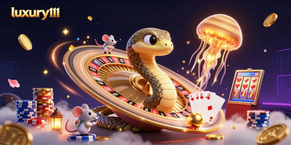 Experience luxury111 gaming with bets, vibrant coins, and a cosmic dealer in a thrilling 3D casino scene.