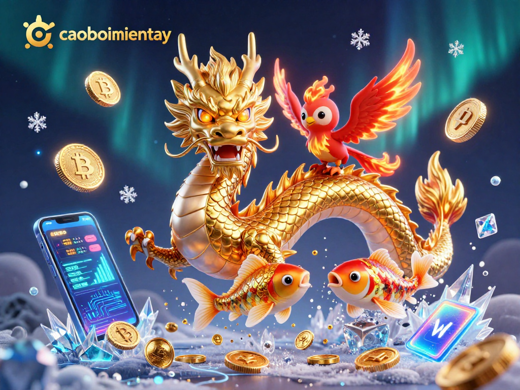 Engage your luck with caoboimientay in a vibrant, action-packed scene featuring a fierce dragon, phoenix, and koi fish.