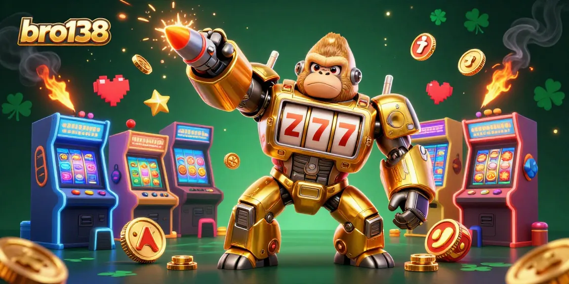 Experience thrilling wins at bro138 with a dynamic golden gorilla mech in an exciting casino game scene.