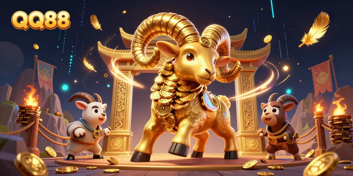 Experience thrilling action with QQ88's golden ram amidst vibrant casino-themed elements.