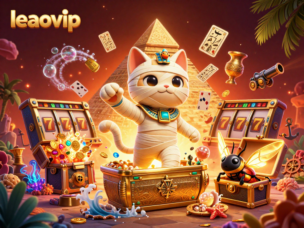 Experience the excitement of leaovip with an ultra-detailed illustration of a mummy cat and golden casino elements.