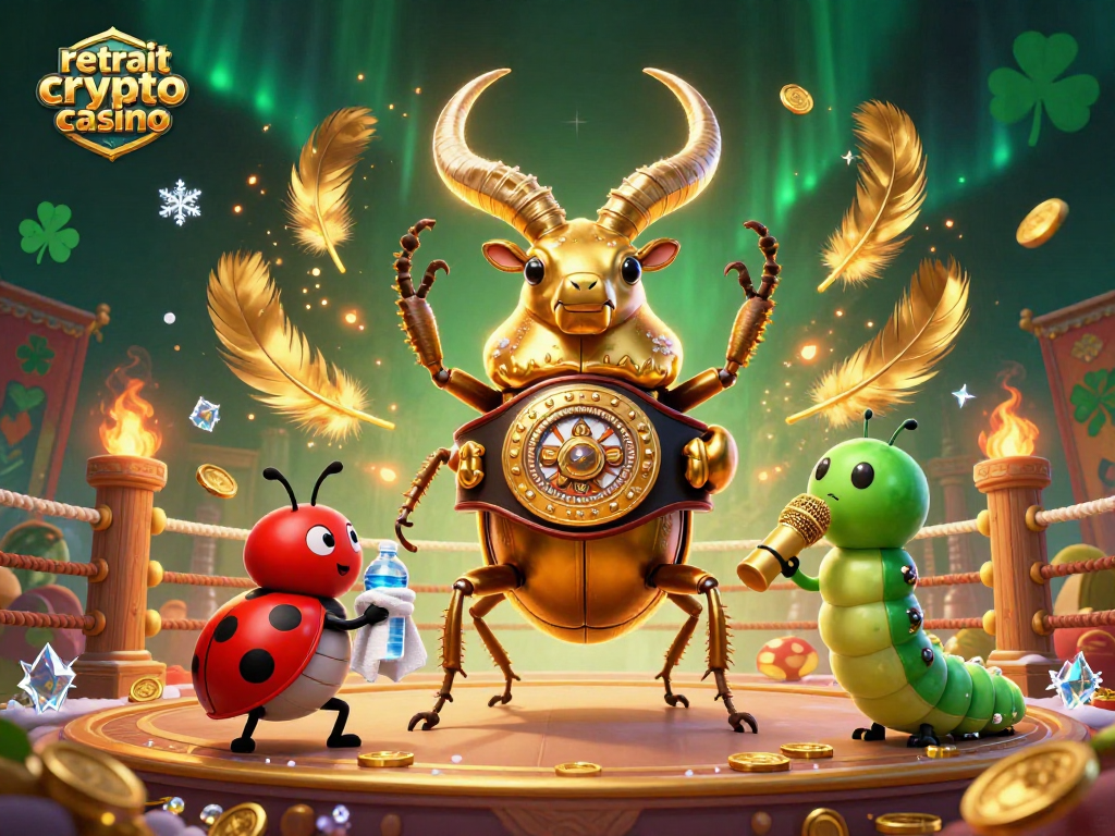 Retrait crypto casino : illustrer l'excitation d'un combat entre personnages sur scène avec des éléments de jeu