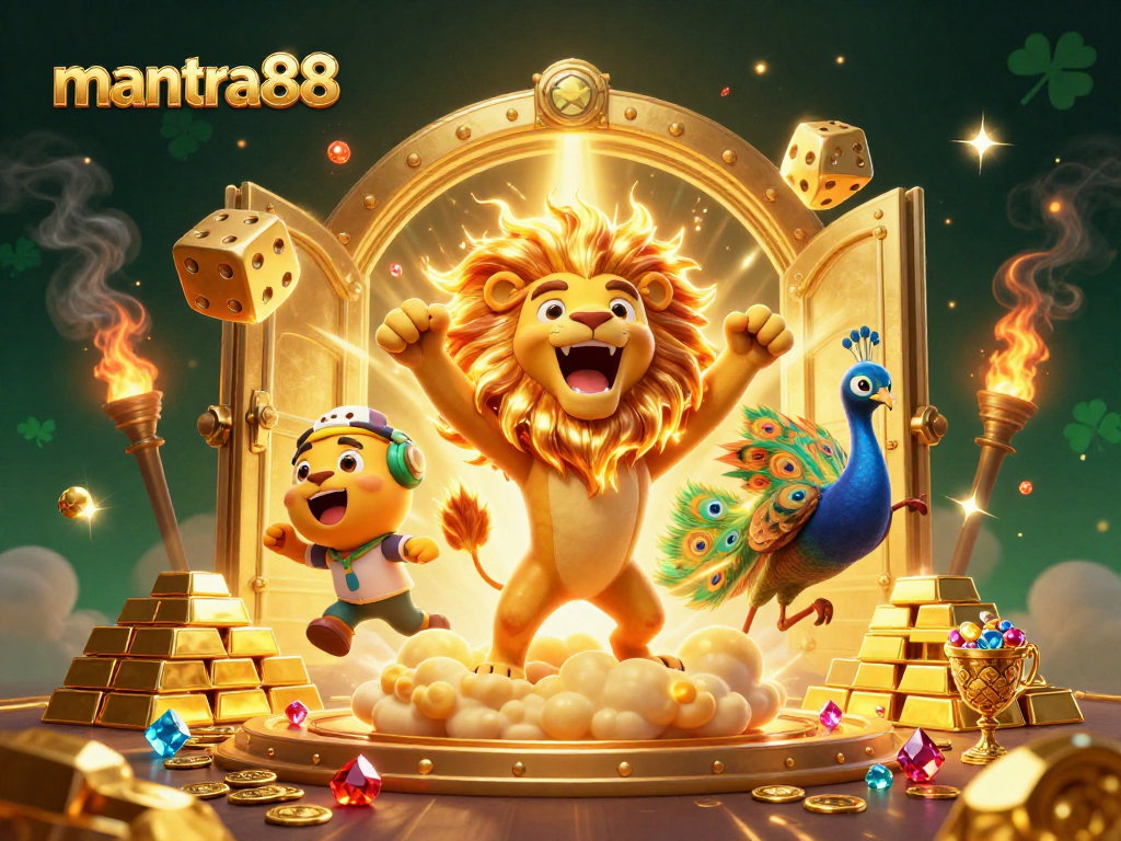 Experience thrilling wins with mantra88 at a dazzling casino, featuring a roaring lion and golden treasures.