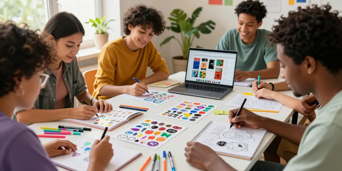 Customising a reusable sticker book with vibrant stickers in a creative workspace.