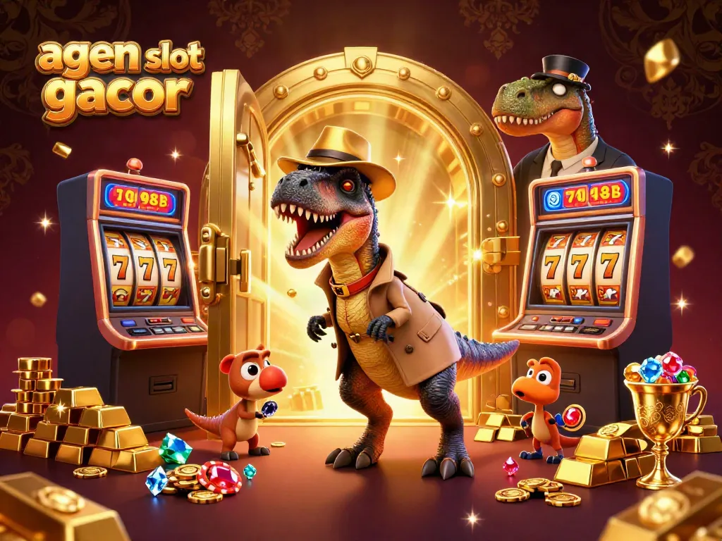Engaging scene with a velociraptor at a slot machine illustrating the excitement of agen slot gacor.