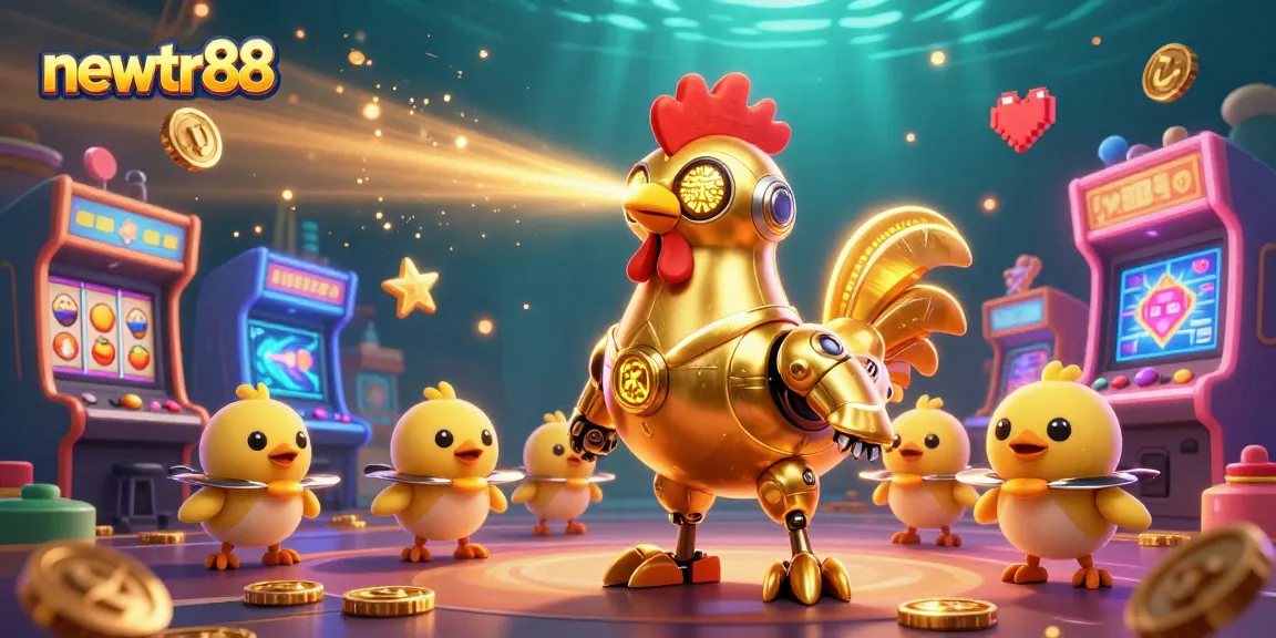Engage with newtr88's vibrant casino world featuring a golden rooster robot in action.