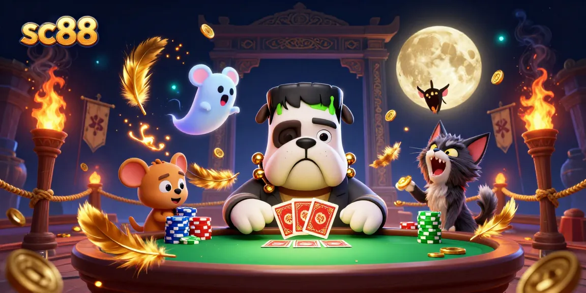 Engage in exhilarating card games with sc88, featuring a cartoon bulldog dealer and ghostly characters.