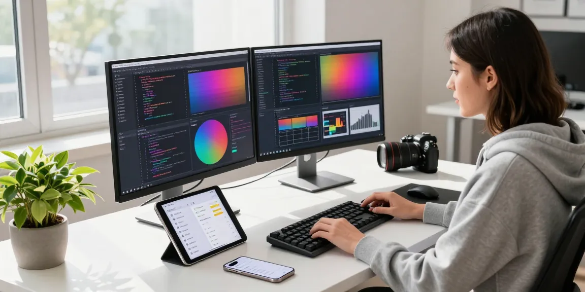 Modern tech workspace with developer at dual monitors showcasing https://www.bdtjl.app/ features.