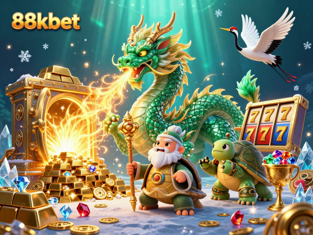 Experience thrilling action at 88kbet with an intricate illustration of a jade dragon, a sage, and treasure.