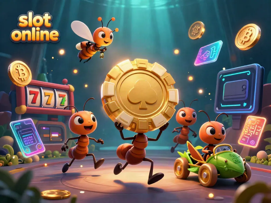 Experience the thrill of slot online gaming with this vibrant 3D cartoon illustration.