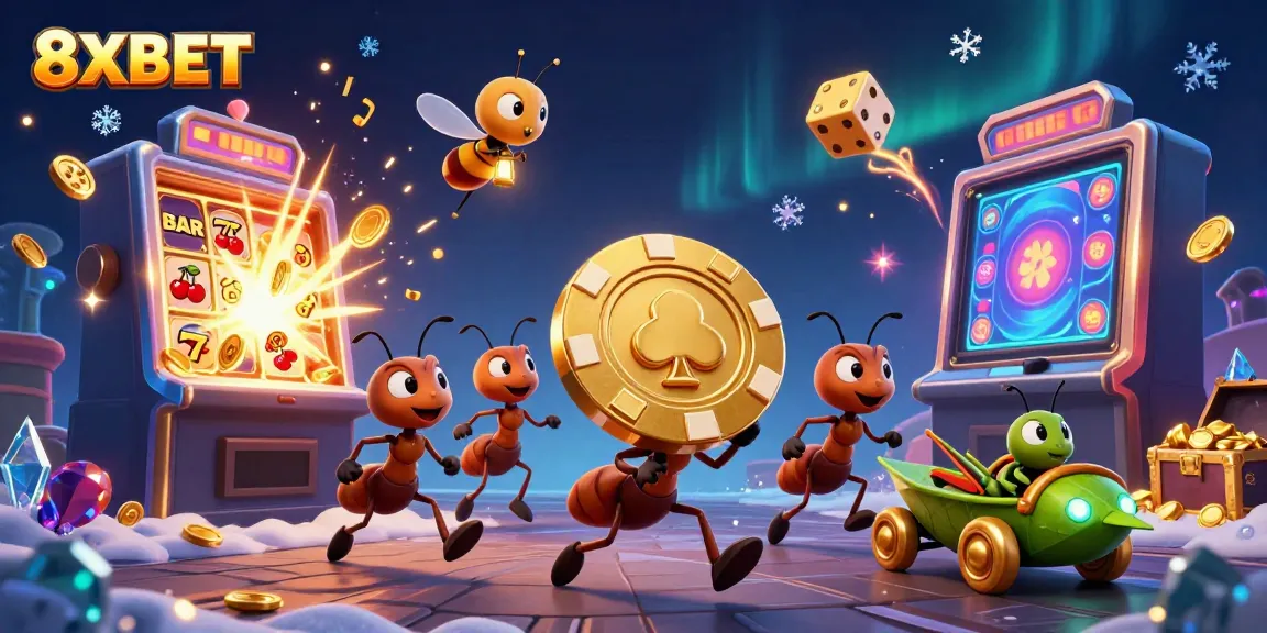 Experience thrilling 8XBET casino excitement through a dynamic 3D illustration of quirky characters.
