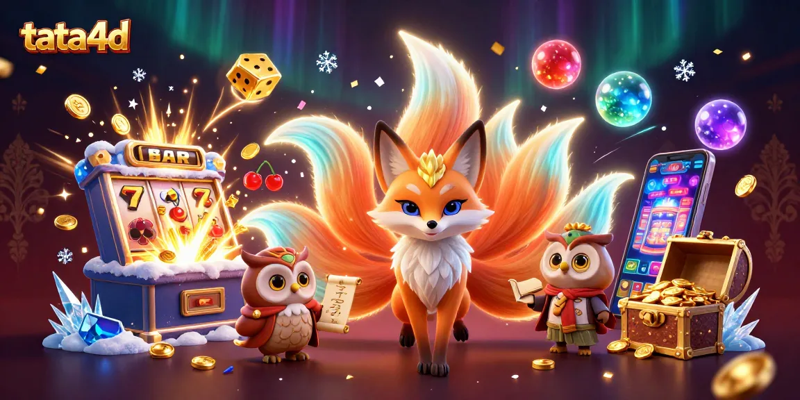 Tata4d showcases a vibrant scene with a glowing nine-tailed fox and jackpot-rich slot machine exploding coins.