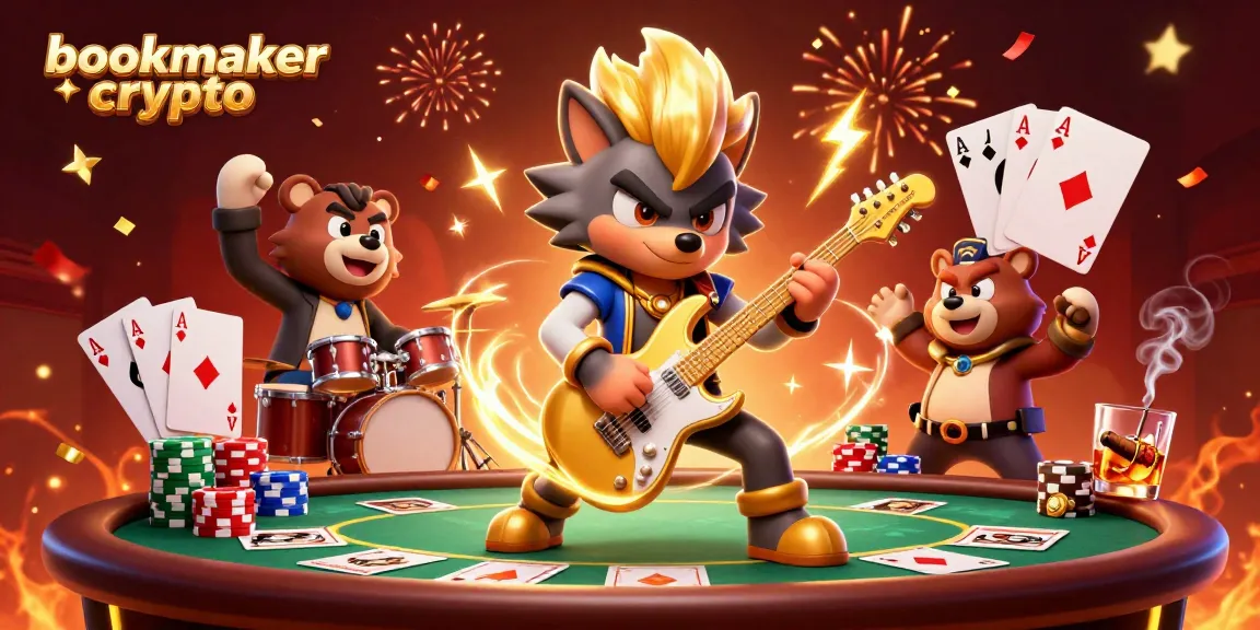 Jouez avec un bookmaker crypto sur une scène de casino animée avec un loup rock star.