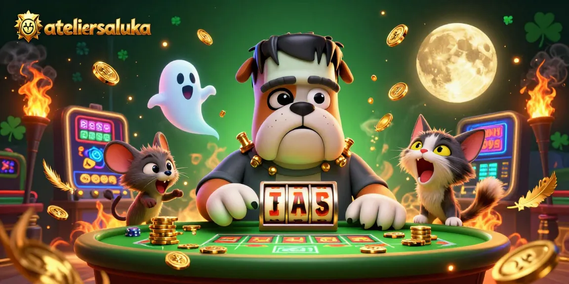 Experience thrilling slot action at ateliersaluka with a cartoon monster and ghostly elements in a vibrant casino.