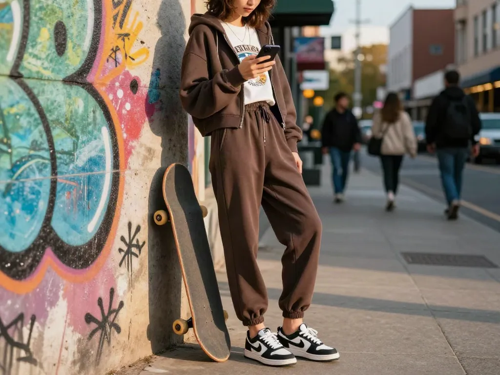Diana4d dalam gaya fashion urban, orang bergaya kasual di depan mural berwarna.