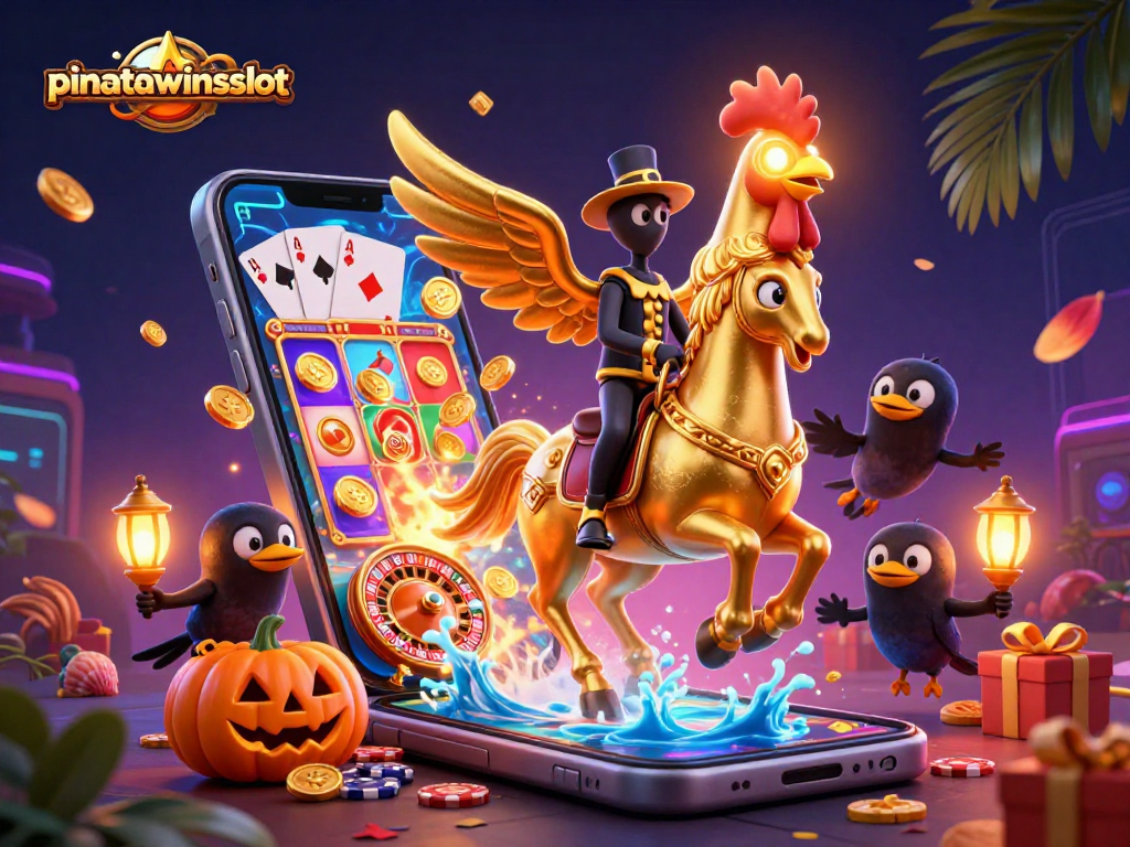 Engage with pinatawinsslot in a vibrant 3D casino scene full of golden surprises and game elements.