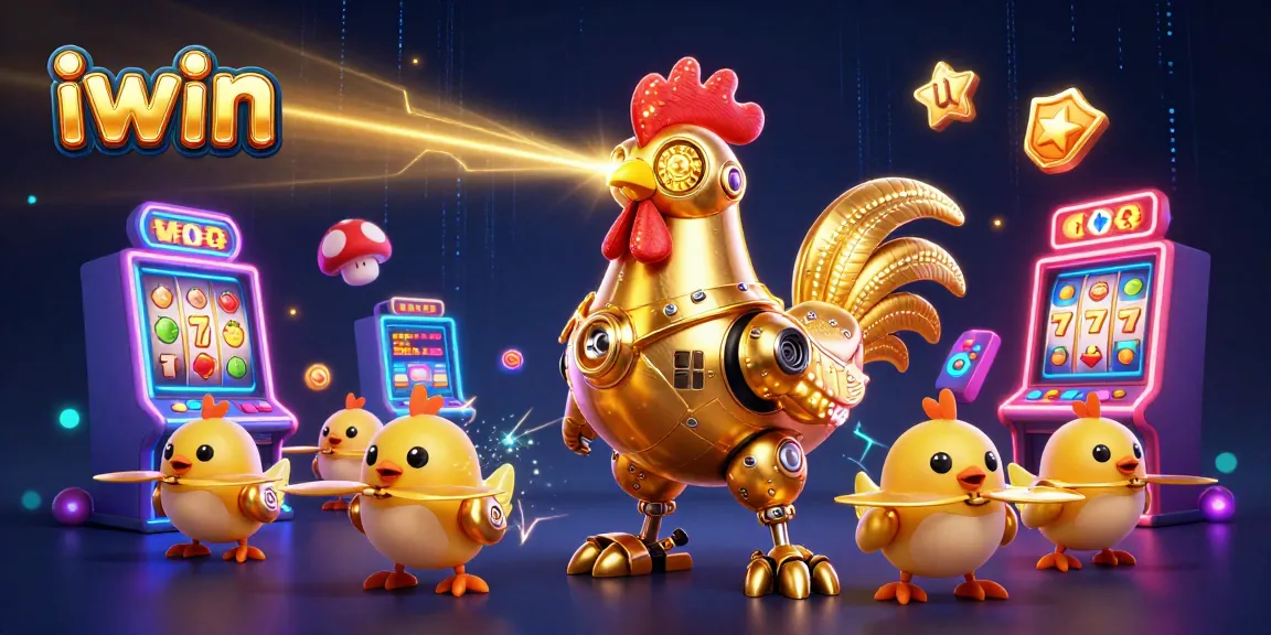 Engage with iwin's dynamic casino gameplay featuring a golden rooster robot illustration with vibrant slot machines.