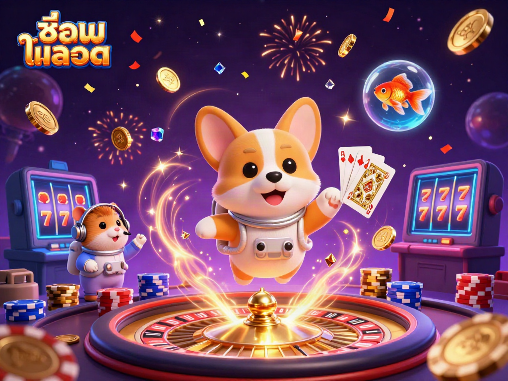 Engage with ชื่อเกมสล็อต in a dynamic casino scene featuring colorful characters and vibrant gameplay elements.