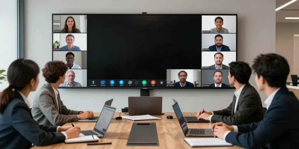 Engaged professionals in a virtual meeting focused on deepfake free discussions, highlighting the importance of authenticity in digital communications.