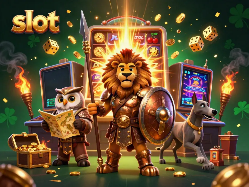 Slot mesin yang melibatkan singa Spanyol, burung hantu, dan anjing greyhound sambil menyebarkan koin dan simbol keberuntungan.