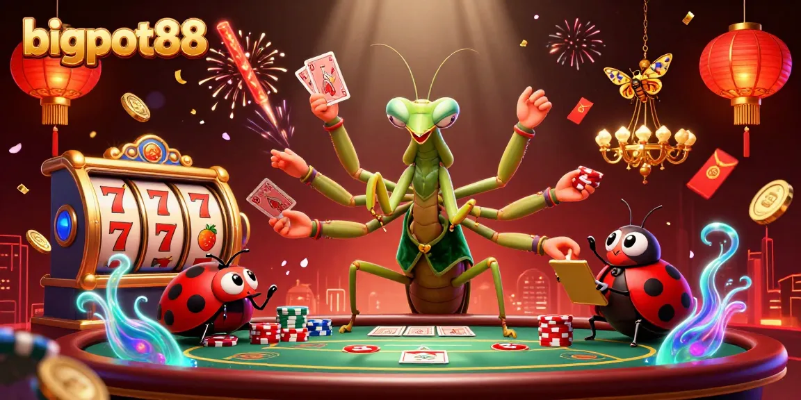 Experience the excitement with bigpot88 as a giant praying mantis card sharp and ladybug pit boss in a lively casino scene.
