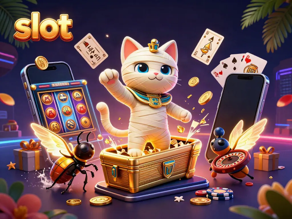 Menggunakan slot di smartphone dengan kucing mumia yang bersinar di dalam kasino piramida berisi simbol keberuntungan.