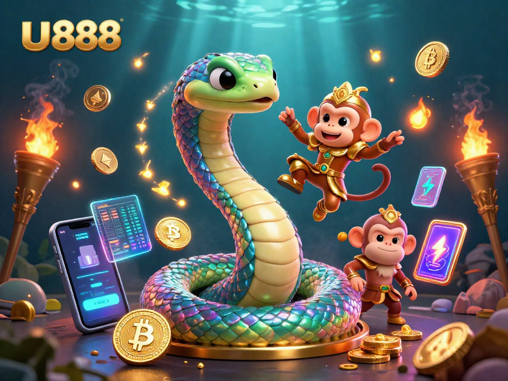 Experience exciting u888 games with a vibrant rainbow serpent surrounded by crypto coins and dynamic casino elements.