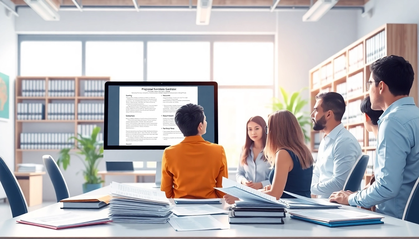 Proposal narrative generator government contracts facilitating collaboration among team members in an office.