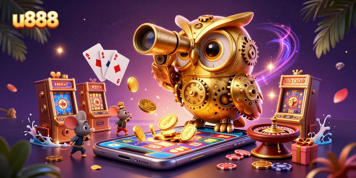 u888's vibrant casino illustration with golden owl and dynamic gaming elements