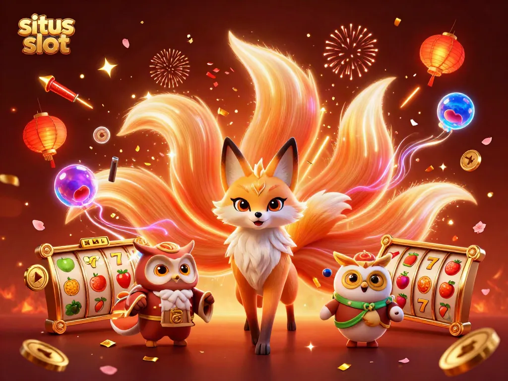 Engage in situs slot with a vibrant 3D illustration of a magical fox spirit and wise owl amid festive gaming elements.