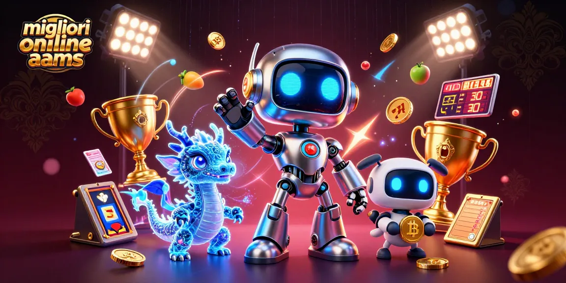 Visualizza i migliori casino online AAMS con robot cyberpunk e drago olografico in un'illustrazione vivace.