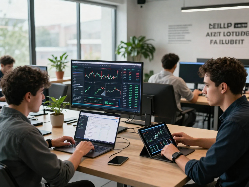 Traders utilizing kyber-swap in a modern crypto co-working space, analyzing data on laptops and tablets.