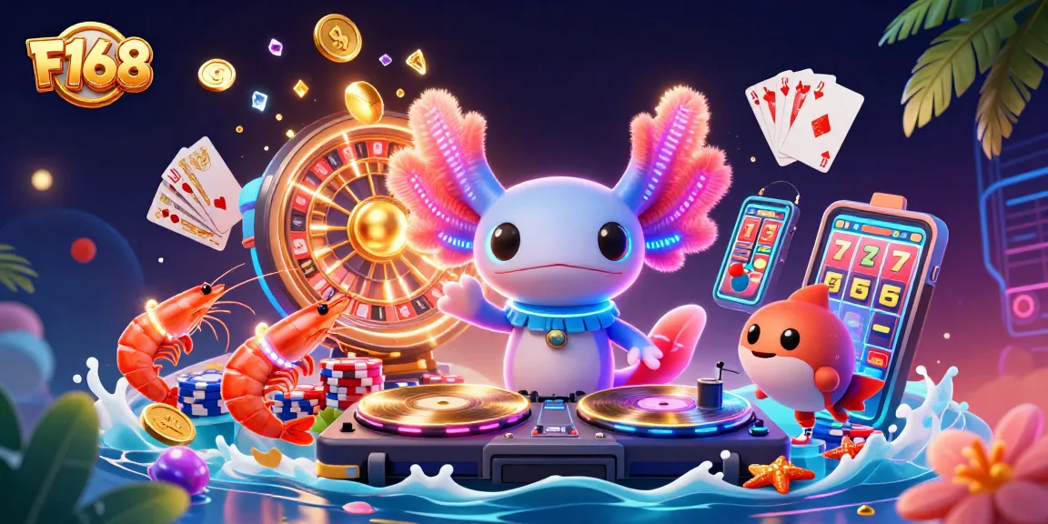 Experience F168 with vibrant casino fun, featuring neon characters and dynamic betting elements.