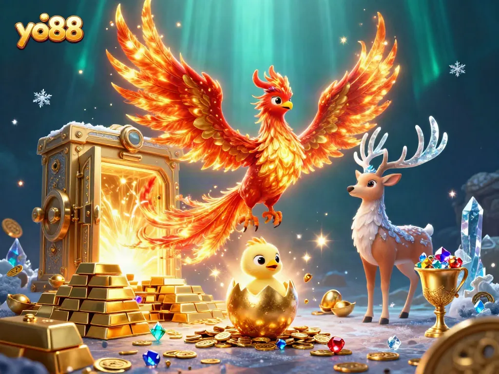 Experience the thrill of yo88 with a phoenix and stag against a backdrop of treasures and gaming elements.