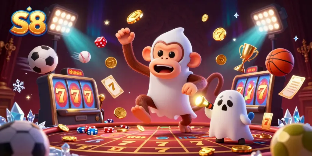 Engage in thrilling S8 casino adventures with dynamic golden symbols and playful characters.