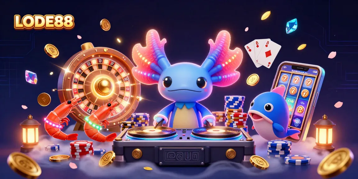 Vibrant 3D scene showcasing LODE88 with an axolotl DJ, flying casino elements, and glowing treasures.