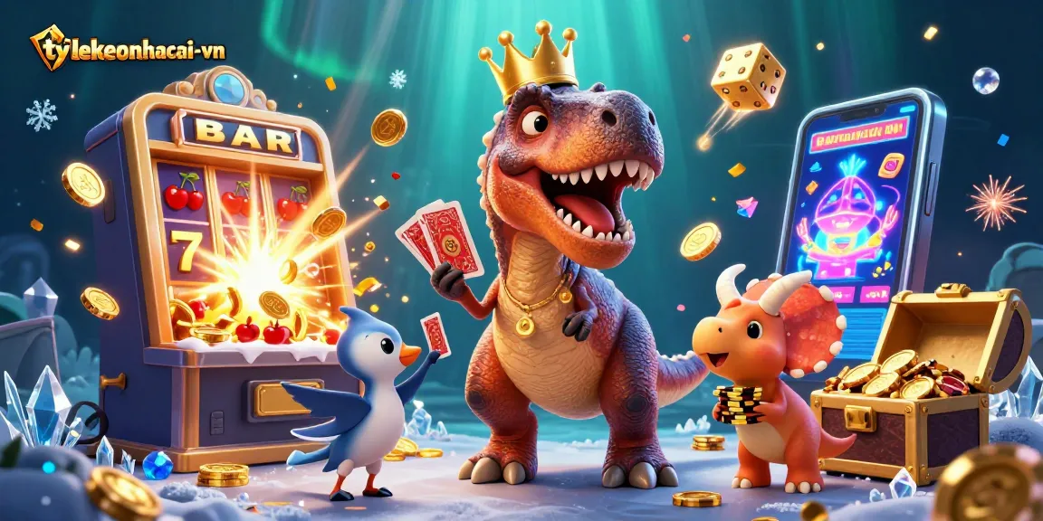 Engage with tylekeonhacai-vn's vibrant slot scene, featuring a T-Rex shuffling cards amidst jackpot excitement.